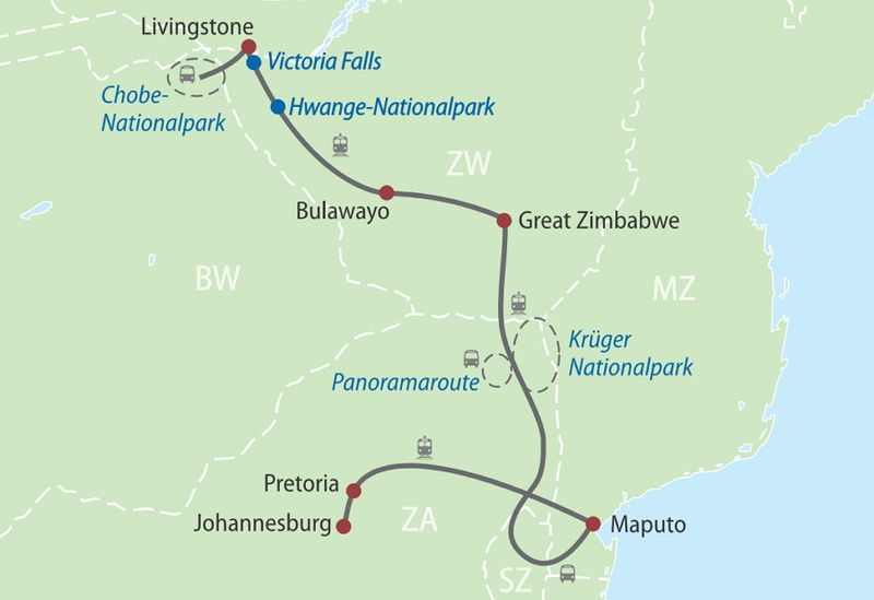African Explorer: Pretoria - Victoria Falls Routenplan