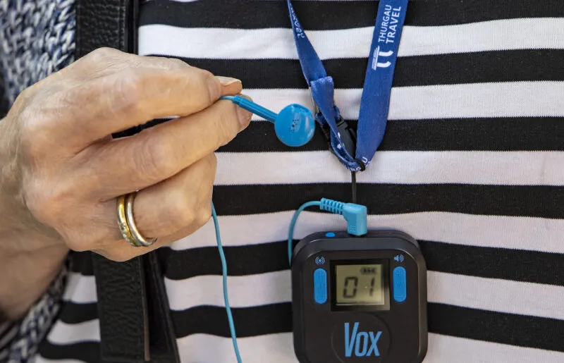 Detail of Vox audio transmission device used for amplifying tour guide explanations to passengers of boutique river cruise ship MS Thurgau Saxonia (Thurgau Travel), Chorin Sandkrug, Brandenburg, Germany