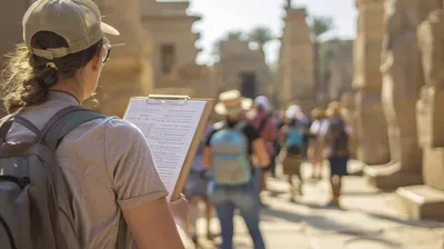 Eine Reiseleiterin steht in einer historischen Stätte und hält ein Notizblatt in der Hand. Im Hintergrund folgt eine Gruppe von Passagieren den Erklärungen, während sie die beeindruckenden Statuen und Monumente der Umgebung betrachten. Die Sonne scheint, und die Szene vermittelt ein Gefühl von Abenteuer und Entdeckung während der Flusskreuzfahrt. – KI-bearbeitet