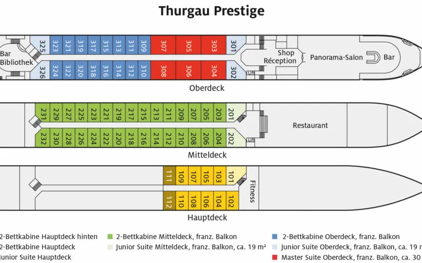 Deckplan.Thurgau.Prestige.2022 Deckplan des Flusskreuzfahrtschiffes Thurgau Prestige mit 3 Decks und 4 Farbbereichen