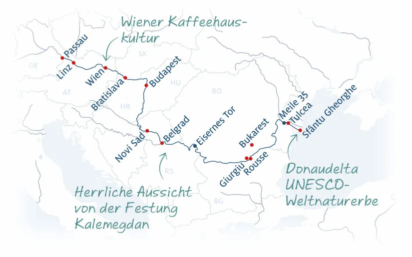 Donau-Flussreise_hell Karte des Donauverlaufs mit geplanten Zwischenstops