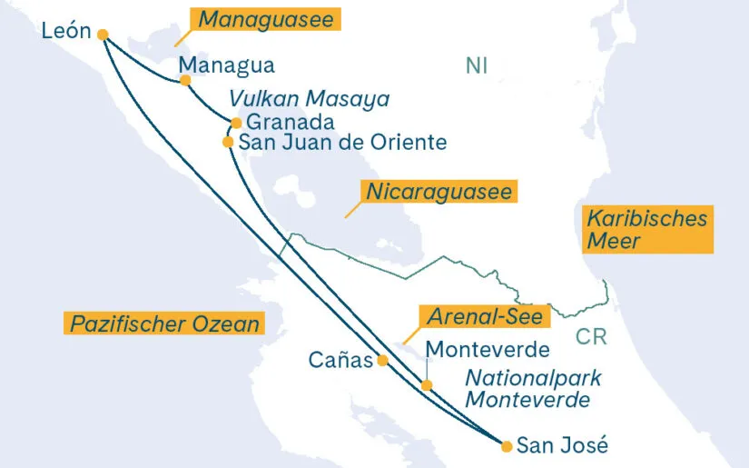 Karte zur Rundreise Costa Rica – Nicaragua mit Highlights und Reiseroute