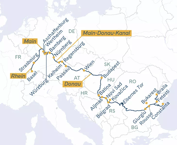 Routenplan MS Thurgau Prestige Basel–Constanta