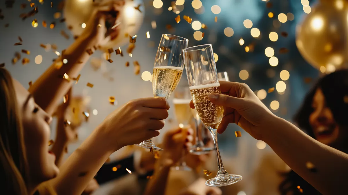 lebhafte Silvesterparty mit Sekt und Konfetti - © Mikhail - stock.adobe.com