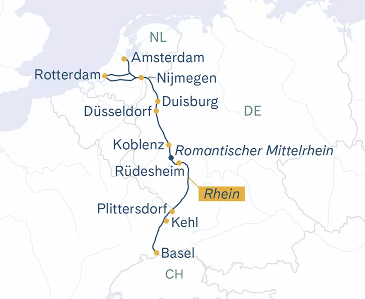 Routenplan Thurgau Prestige Basel–Nijmegen–Amsterdam–Basel