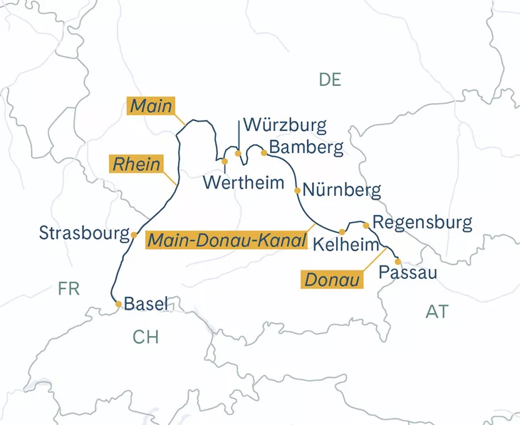 Routenplan Thurgau Prestige Passau–Würzburg–Basel