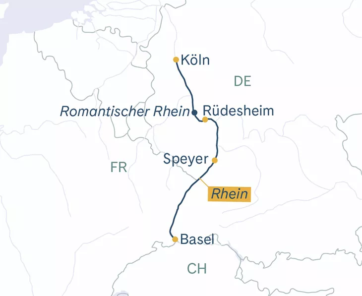 Routenplan MS Thurgau Prestige Basel–Köln–Rüdesheim–Basel