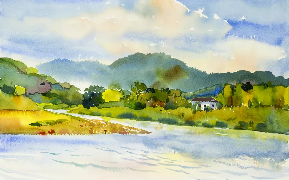 Malerei bunt vom Haus mit Fluss und Berg - ©Painterstock - stock.adobe.com