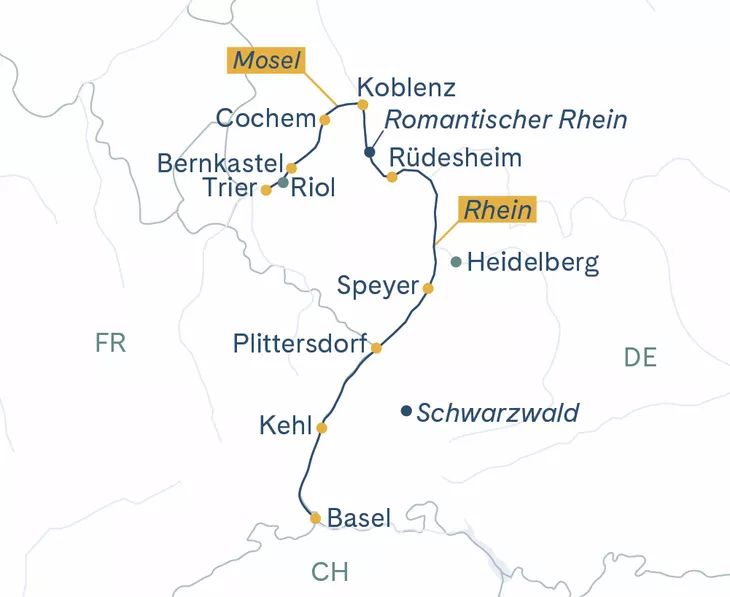 Routenplan MS Thurgau Avanti Basel–Trier–Koblenz–Basel