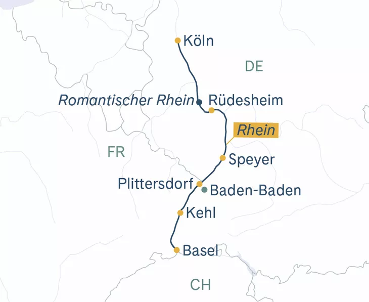 Routenplan MS Thurgau Avanti Basel–Köln–Rüdesheim–Basel
