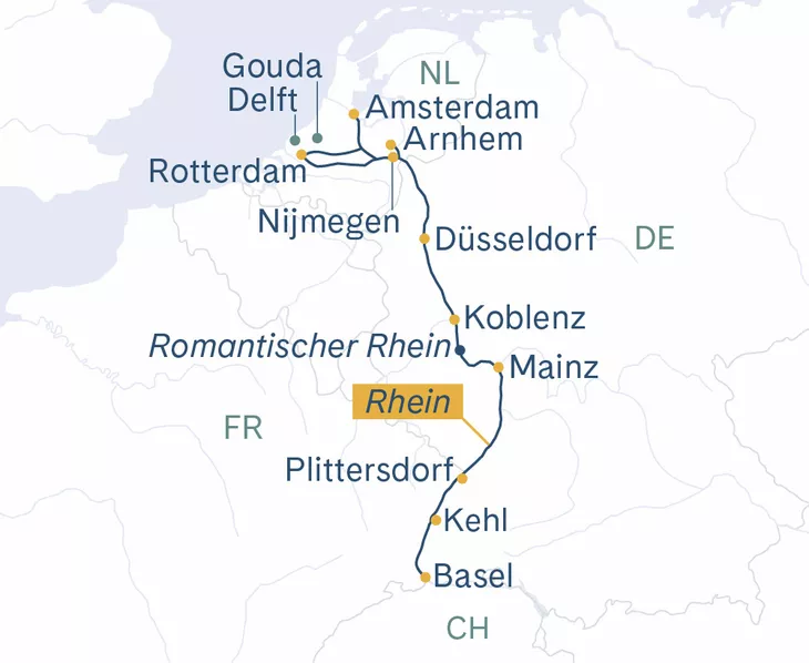 Routenplan Basel-Nijmegen-Amsterdam-Basel MS Thurgau Prestige