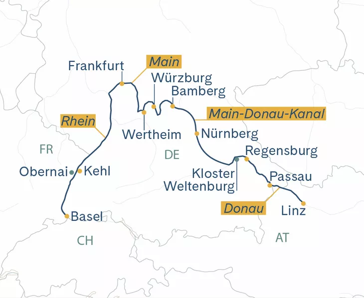 Routenplan Basel-Nürnberg-Passau-Linz MS Thurgau Prestige