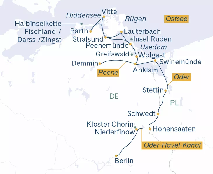 Routenplan Berlin-Stettin-Swinemünde-Peenemünde-Stralsund-Barth-Vitte-Lauterbach-Wolgast-Anklam-Demmin