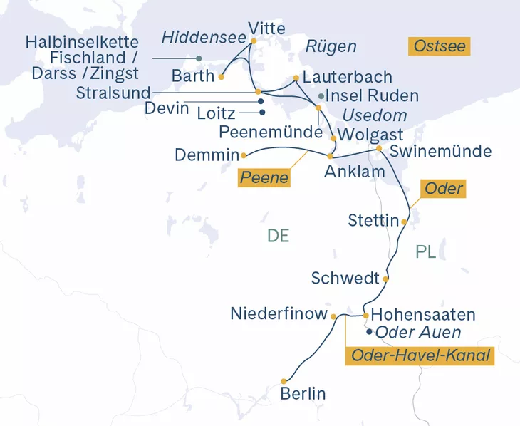 Routenplan Wandern Berlin-Stettin-Swinemünde-Peenemünde-Stralsund-Barth-Vitte-Lauterbach-Wolgast-Anklam-Demmin