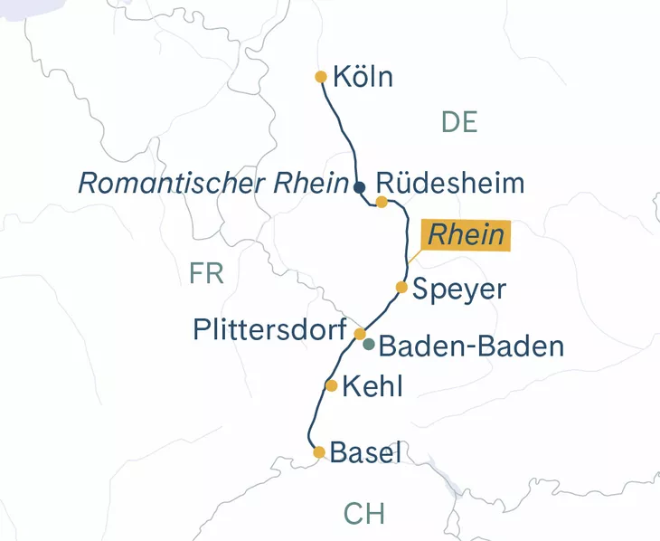 Routenplan Basel–Köln–Rüdesheim–Basel MS Thurgau Prestige