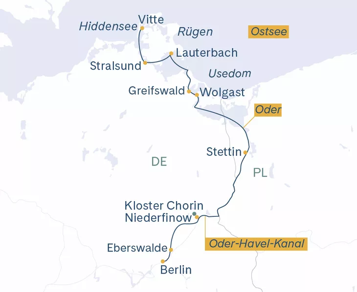 Routenplan Berlin-Stettin-Wolgast-Lauterbach-Vitte-Stralsund