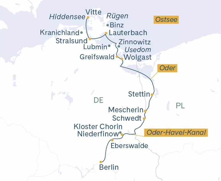 Routenplan Velo Berlin-Stettin-Wolgast-Lauterbach-Vitte-Stralsund