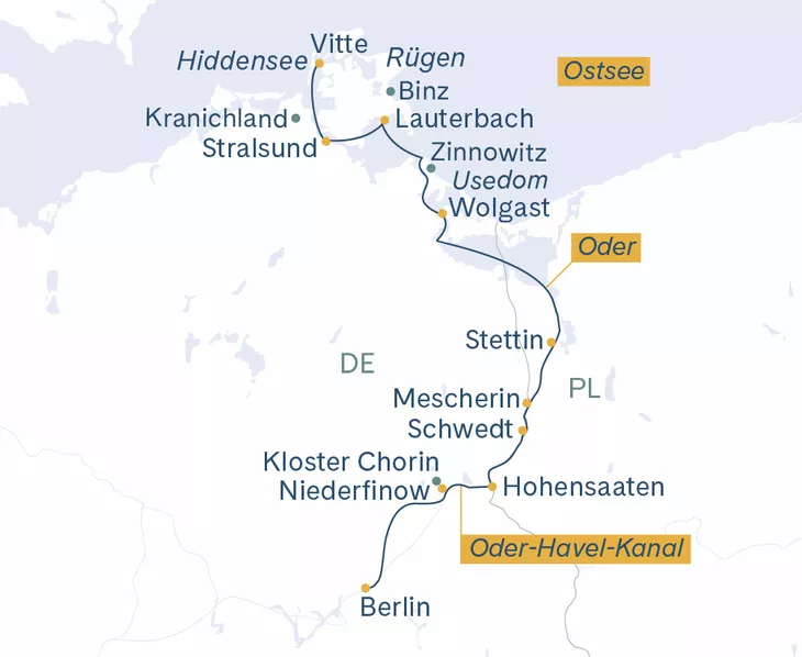 Routenplan Velo Straslund-Vitte-Lauterbach-Wolgast-Stettin-Berlin