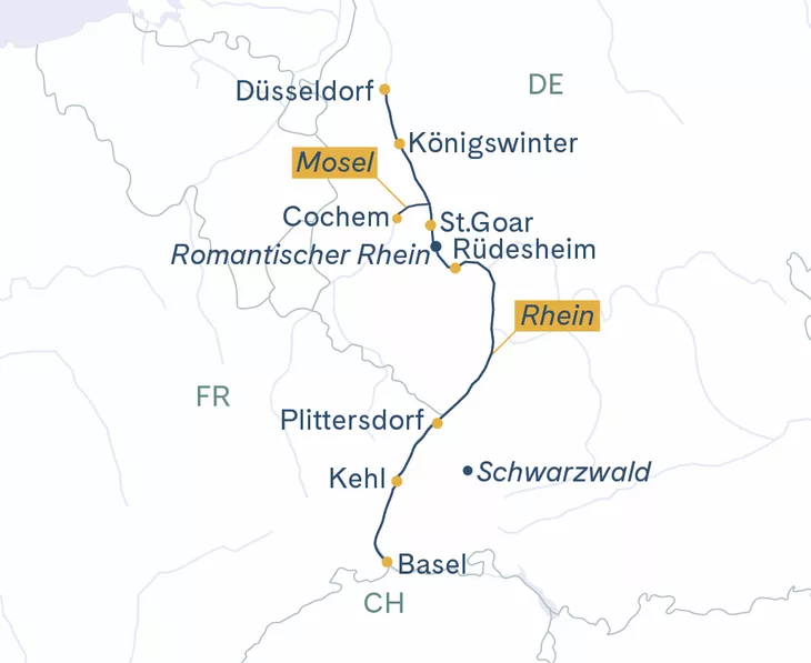 Routenplan MS Thurgau Avanti Basel–Cochem–Düsseldorf–Basel
