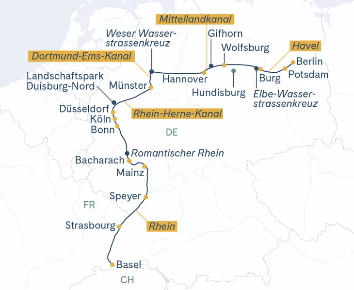 Routenplan Berlin-Magdeburg-Münster-Düssledorf-Köln-Speyer-Strasbourg-Basel