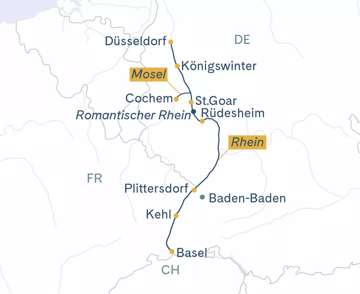 Routenplan MS Thurgau Avanti Basel–Cochem–Düsseldorf–Basel