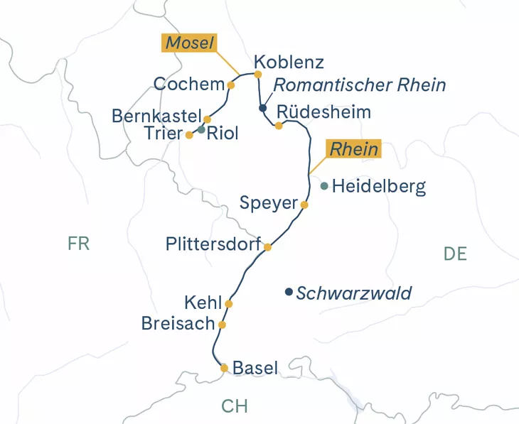Routenplan MS Thurgau Avanti (Basel–)Trier–Koblenz–Basel