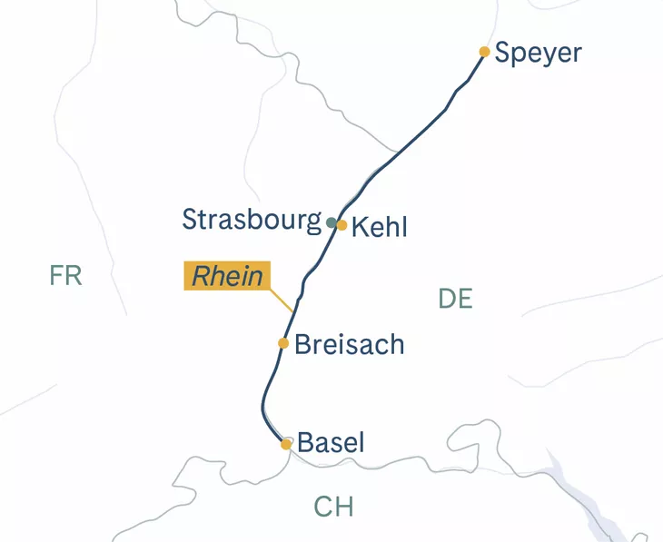 Routenplan MS Thurgau Avanti Basel(–Strasbourg)–Speyer(–Basel)