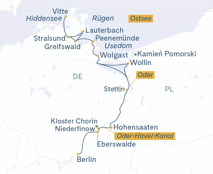 Routenplan Berlin-Stettin-Wollin-Wolgast-Greifswald-Stralsund-Vitte-Stettin-Berlin