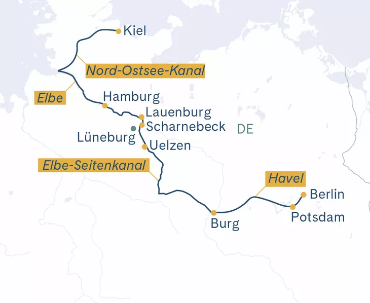 Routenplan Berlin-Potsdam-Burg-Lauenburg-Hamburg-Kiel