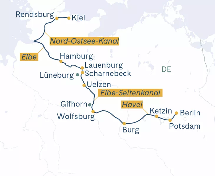 Routenplan Kiel-Hamburg-Lauenburg-Wolfsburg-Potsdam-Berlin