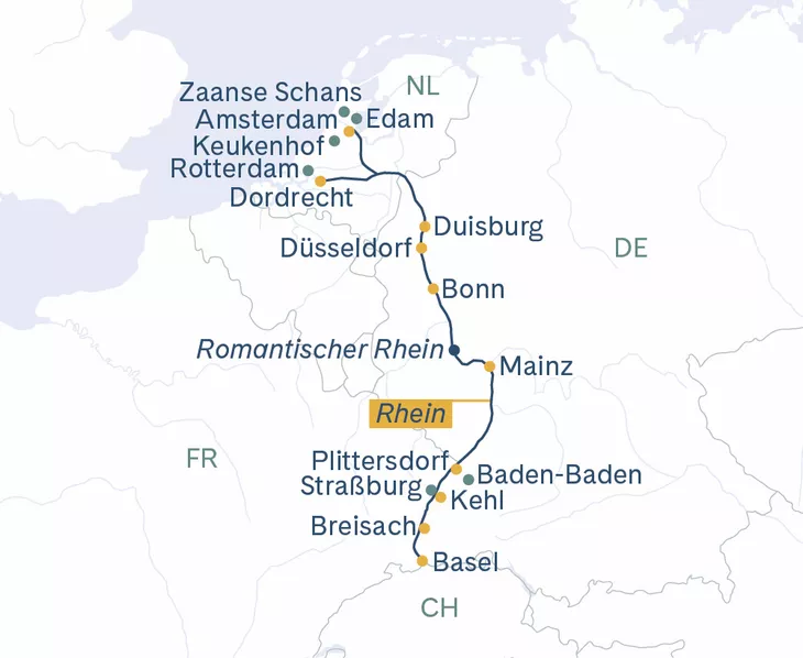 Routenplan Breisach-Amsterdam-Basel