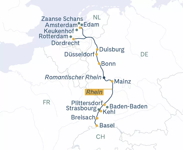 Routenplan Basel-Amsterdam-Breisach