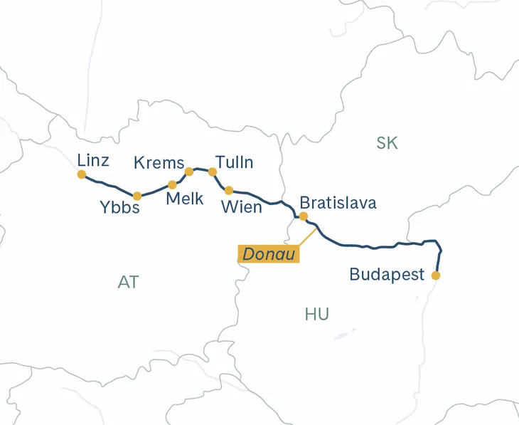 Routenplan MS Thurgau Prestige Linz–Budapest–Linz