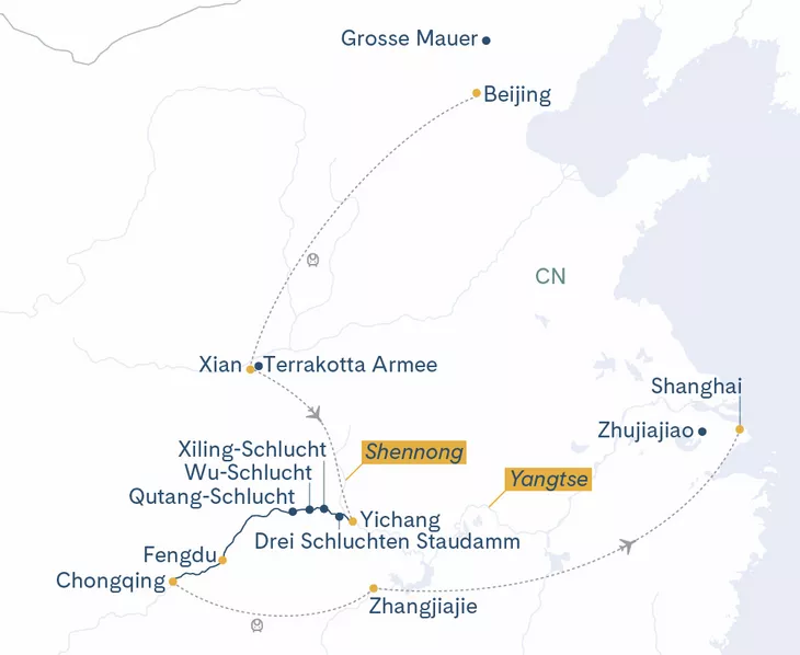 Routenplan Peking-Xian-Yangtse-Chongqing-Shanghai
