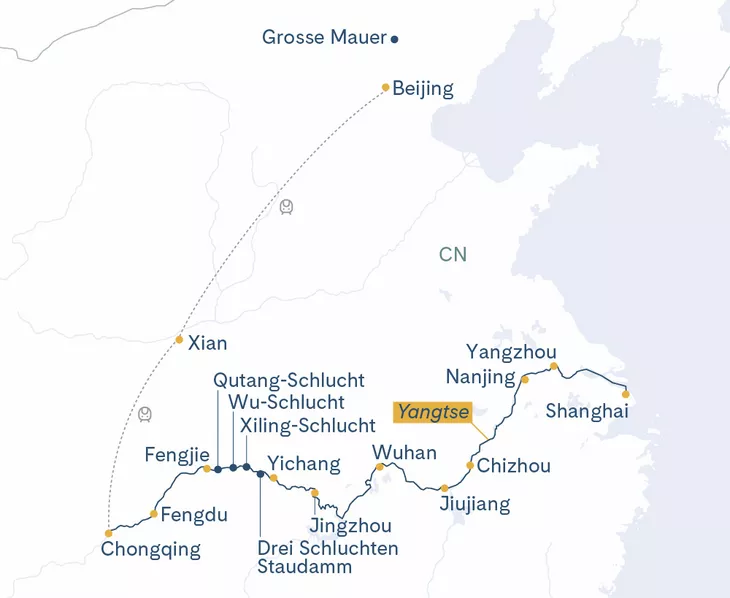 Routenplan Peking-Xi'an-Chongqing-Yangtse-Shanghai