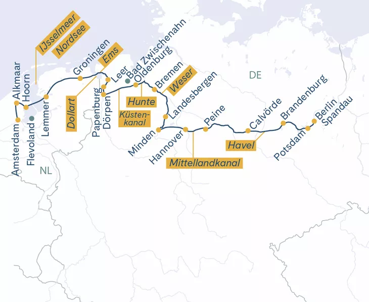Routenplan MS Thurgau Saxonia Amsterdam-Berlin