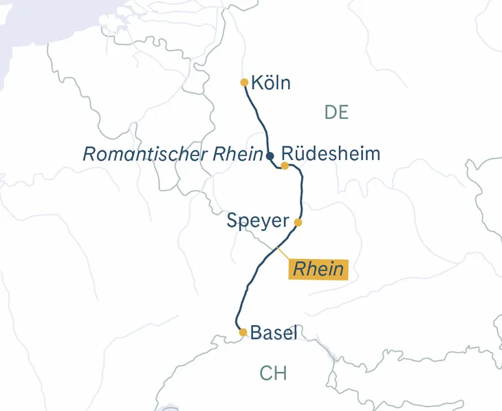 Routenplan MS Thurgau Prestige Basel–Köln–Rüdesheim–Basel
